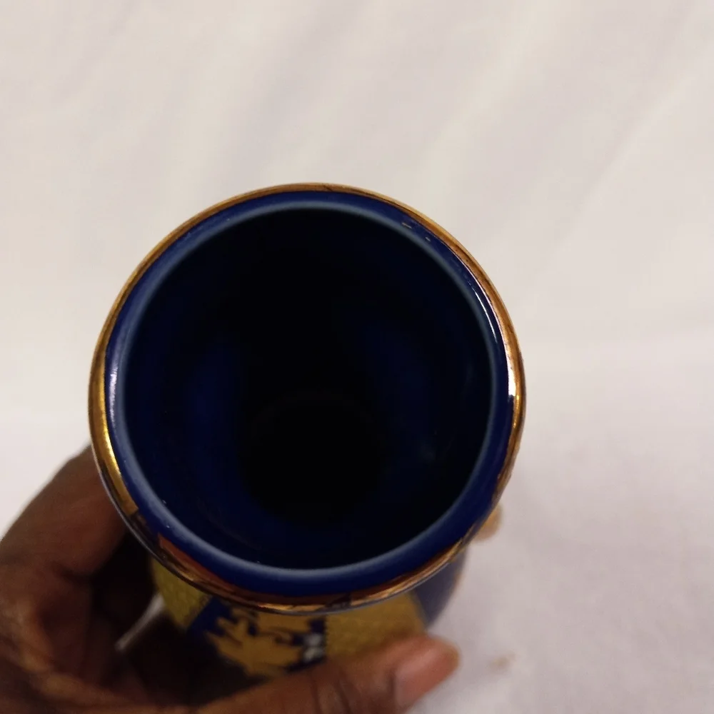 CHINESE Style Satsuma Vase Porcelian Ceramic Cobalt Blue with Gold Trimmings  6